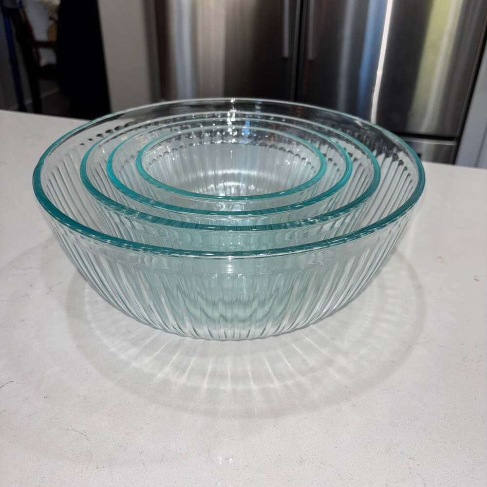 Vintage Pyrex Aqua Tint Ribbed Glass Nesting Mixing Bowl Set of 4